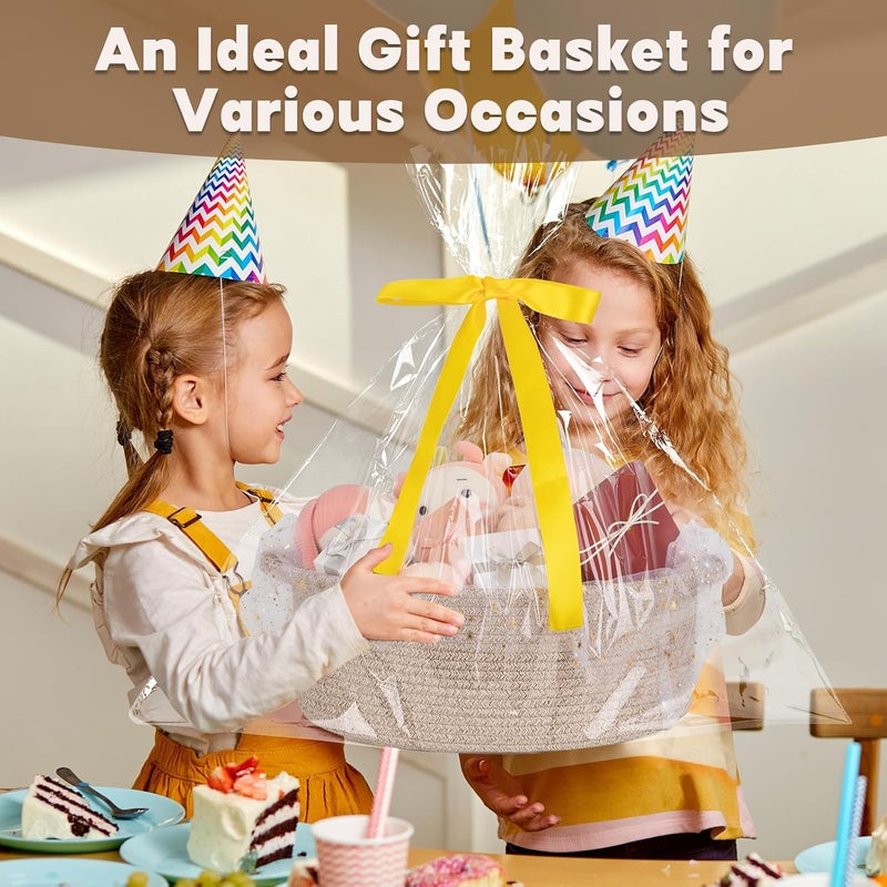 OIAHOMY Large Gift Basket Empty 17" x 12.6" x 7", Storage Basket with Gift Bag, Ribbon and Glitter Tulle for DIY Anytime, Toy Storage for Kids, Dogs with Handles in A Stylish Design - Brown - Image 5